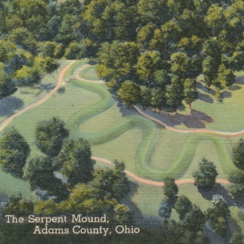 Vintage postcard of arial view of Serpent Mound in Ohio.