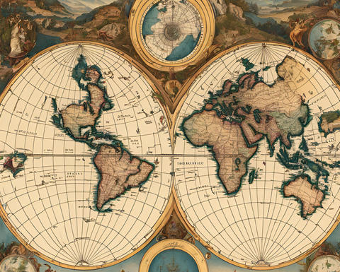 Ancient map of the globe with continents in two spheres.