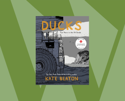 A two-toned green background with the cover of a graphic novel titled Ducks.